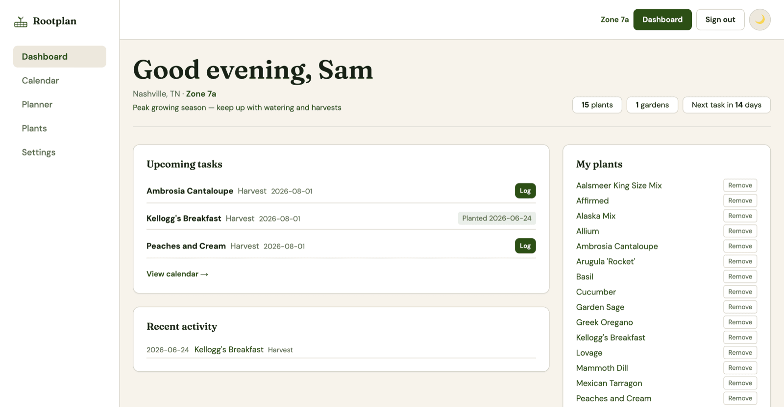 Rootplan dashboard showing upcoming tasks, saved plants, and recent activity