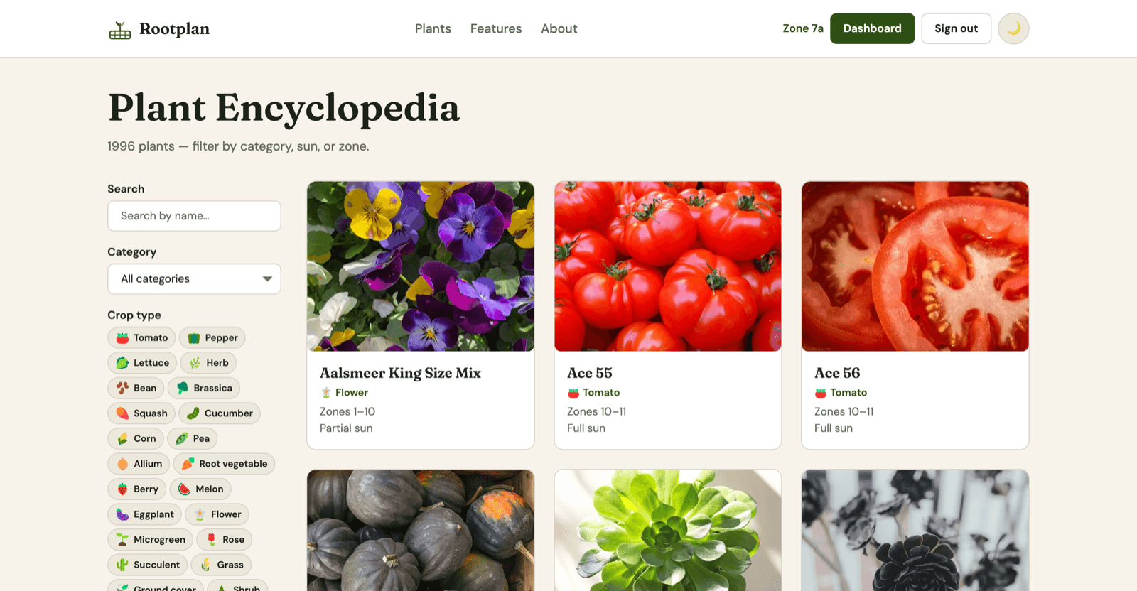 Rootplan plant encyclopedia grid with photos, filters, and zone information